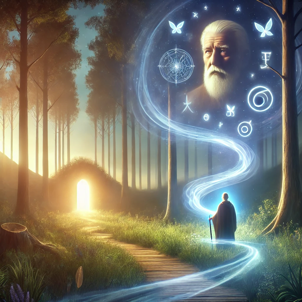 DALL·E 2025-02-27 09.19.15 - A serene and mystical landscape symbolizing Ericksonian hypnosis. A tranquil forest bathed in soft, ethereal light, with a winding path leading to a p